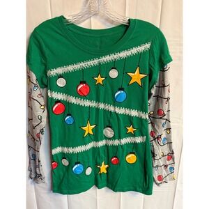 Kids Wound Up Green Long Sleeve Christmas Tree Lights Tinsel Shirt Size L 11-13